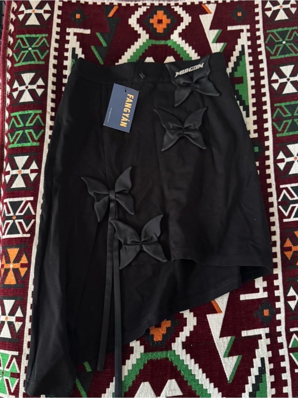 FangYan Black Asymmetrical Skirt with Decorative Bows